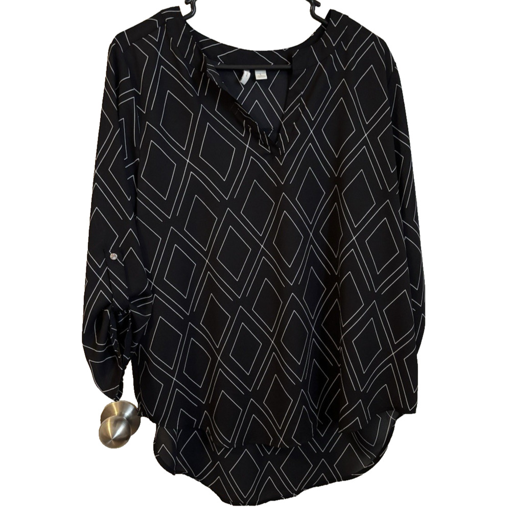 Est. 1946 Blouse Top Roll Tab Sleeves Size L Black Geometric Sheer V Neck
